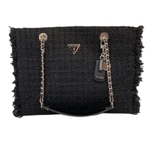 Guess Black Cessily Tweed Fringe Tote Silver Hardware Tg767923 Monogram Lined